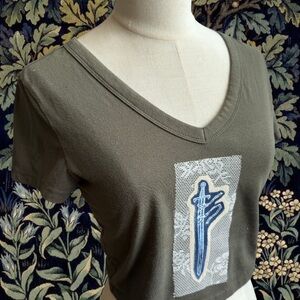 V-Neck Baby Tee with Sword Patch